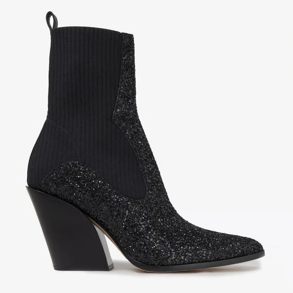 Jimmy Choo Mele Glitter 85 Chelsea Stretch Knit Block Heel Ankle Boots Black 36